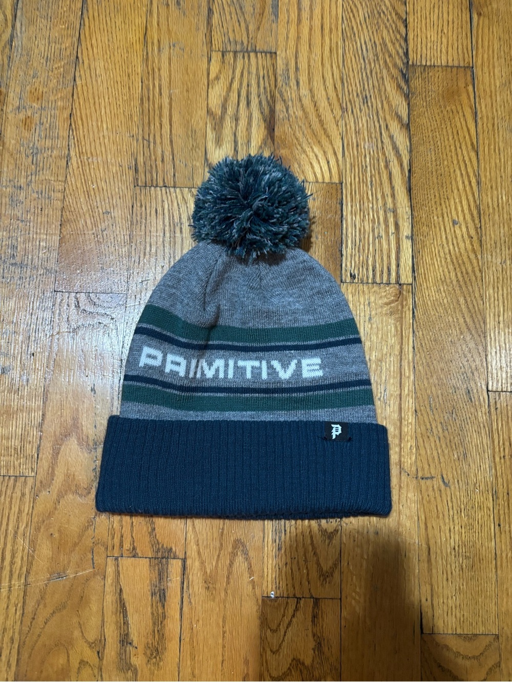 Primitive Gray & Navy Pom Beanie with Green Stripe